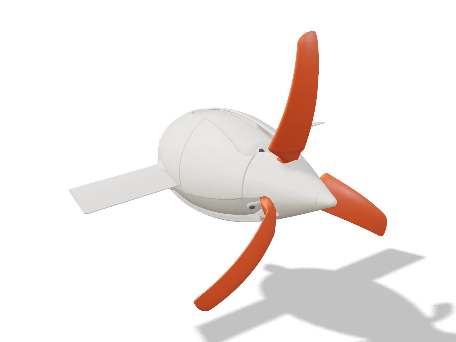 Ovo deployed: an ivory egg-shaped hull with two side fins and three orange blades open at its tail